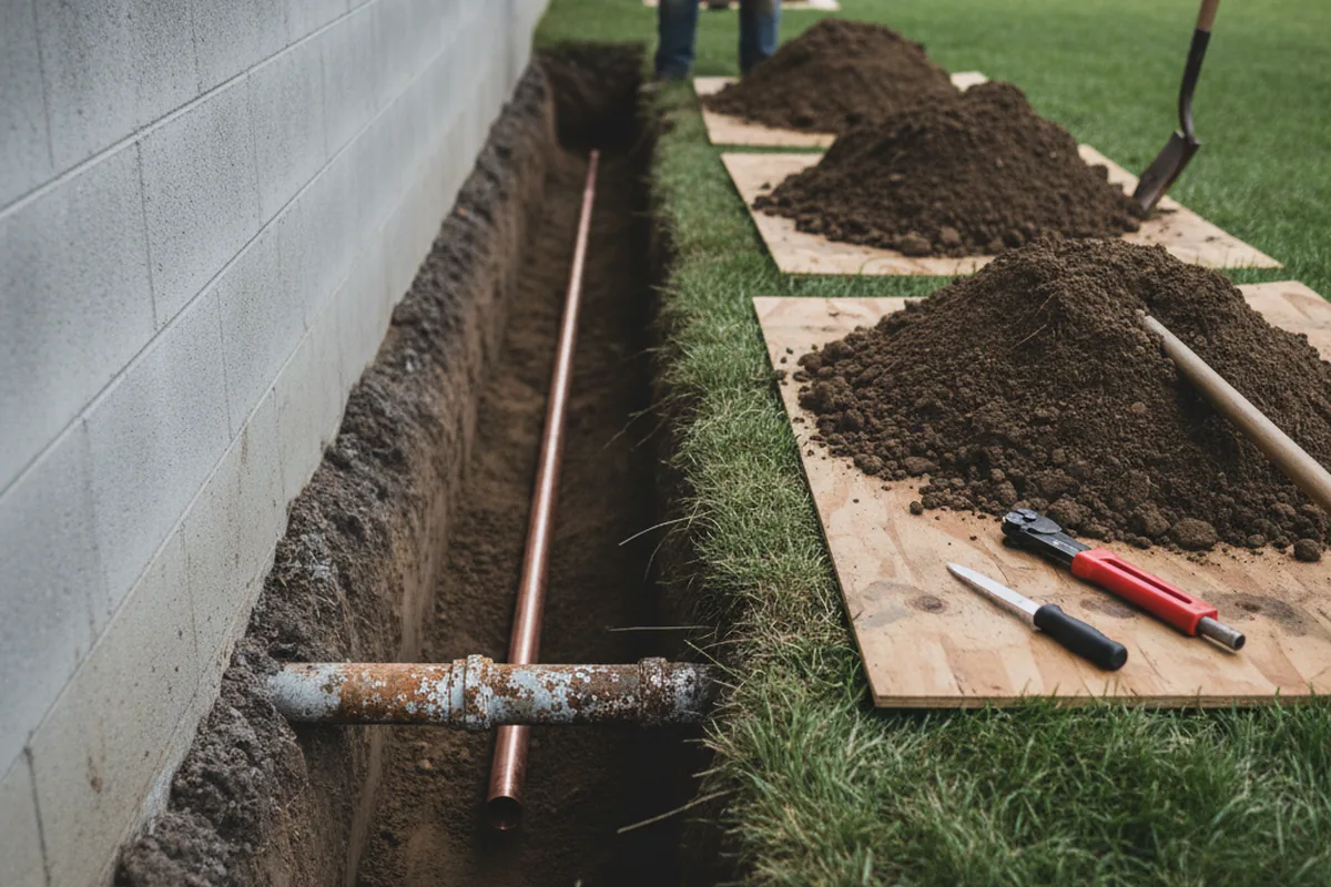 Excavated water line trench during Water Softener Installation in Catharpin